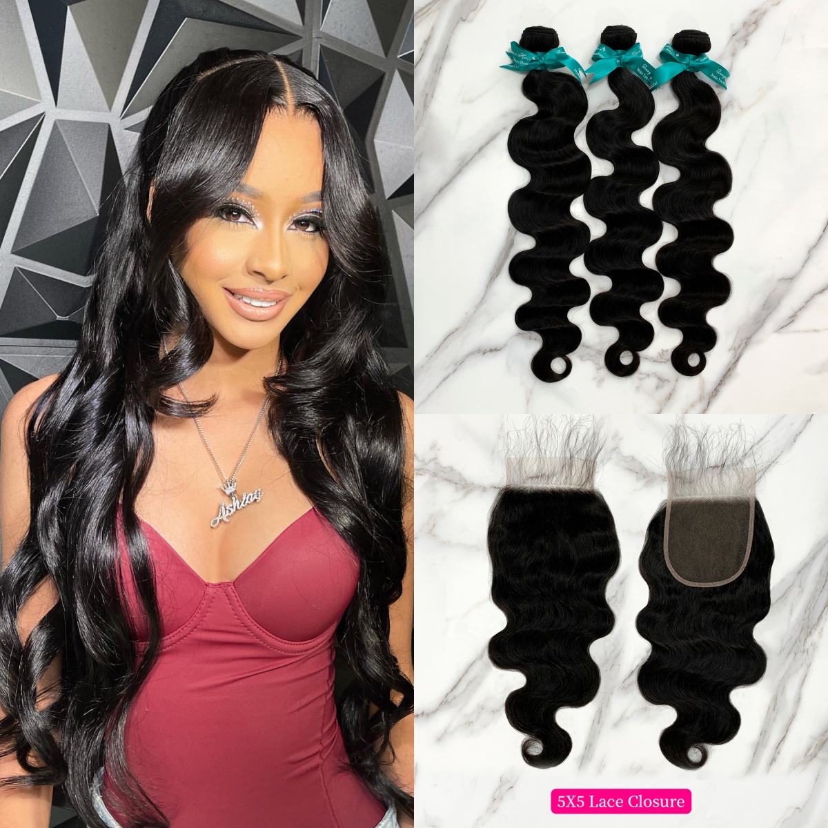 Natural Black Color Body Wave 3 Bundles with 5*5 Lace Closure