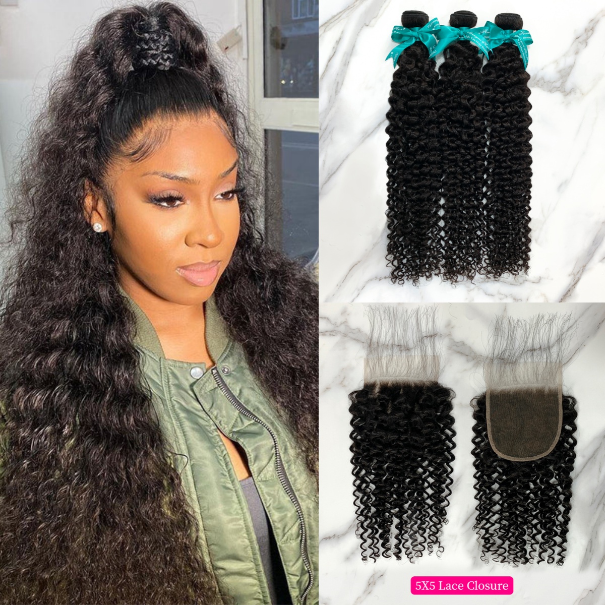 Natural Black Color Deep Curly 3 Bundles with 5*5 Lace Closure