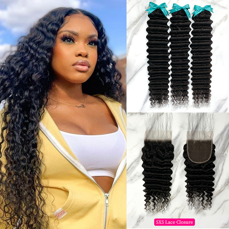 Natural Black Color Deep Wave 3 Bundles with 5*5 Lace Closure