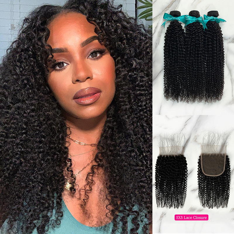 Natural Black Color Kinky Curly 3 Bundles with 5*5 Lace Closure