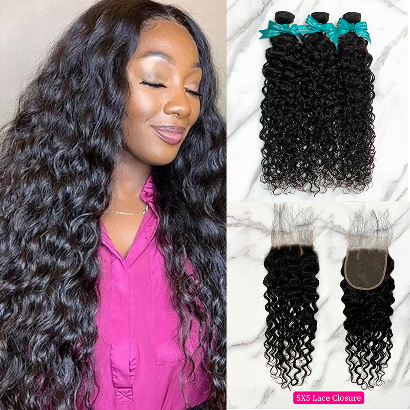 Natural Black Color Water Wave 3 Bundles with 5*5 Lace Closure