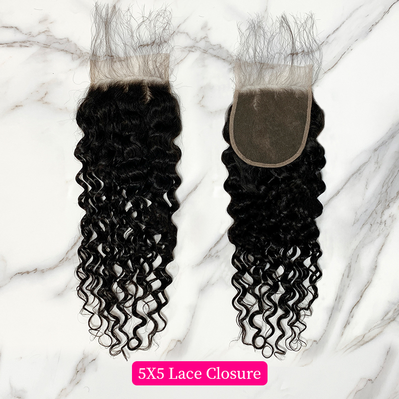 Natural Black Color Water Wave 3 Bundles with 5*5 Lace Closure