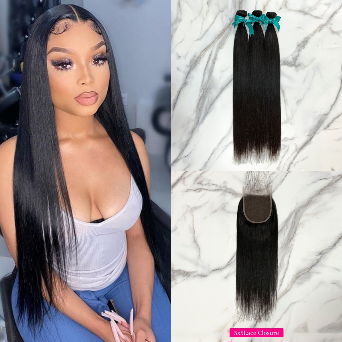 Natural Black Color Straight 3 Bundles with 5*5 Lace Closure