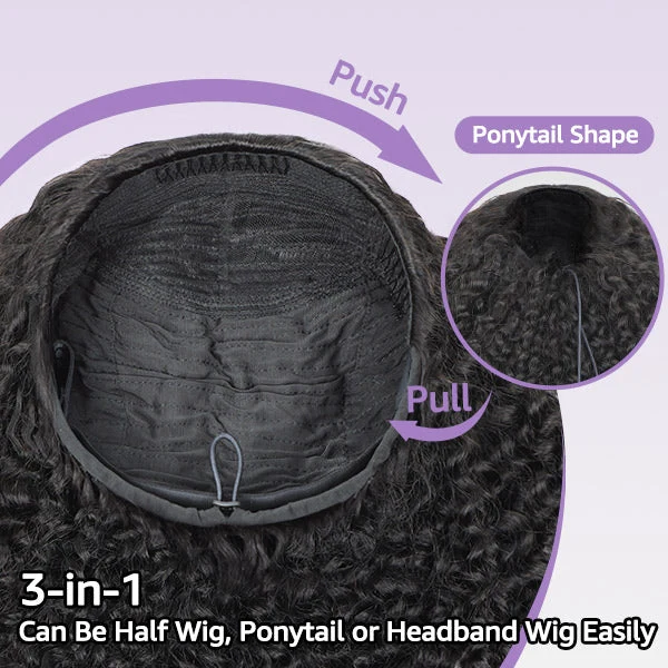 10″ – 40″ Natural Black Color Afro Kinky Curly Human Hair Drawstring Half Wig