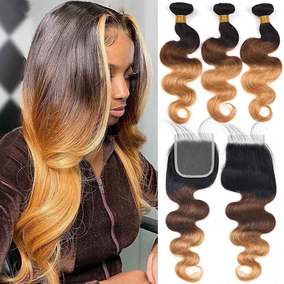 Ombre 1b/4/27 Body Wave 3 Bundles with 4*4 Lace Closure