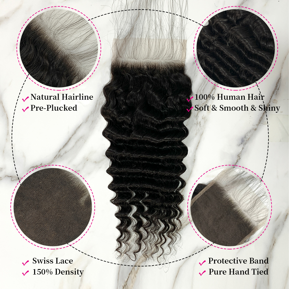 Natural Black Color Deep Wave 3 Bundles with 5*5 Lace Closure