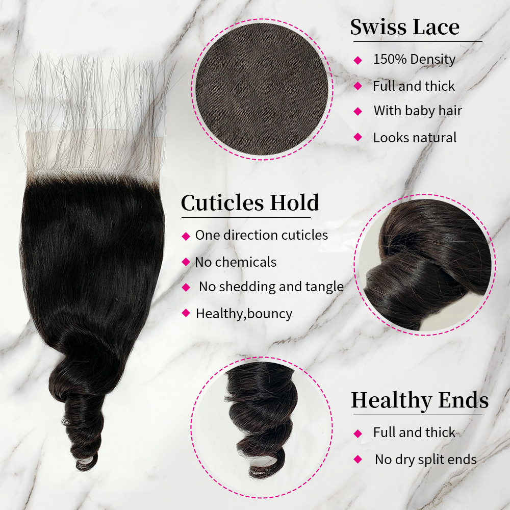 Natural Black Color Loose Wave 3 Bundles with 5*5 Lace Closure