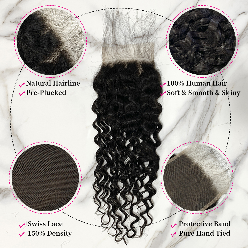 Natural Black Color Water Wave 3 Bundles with 5*5 Lace Closure