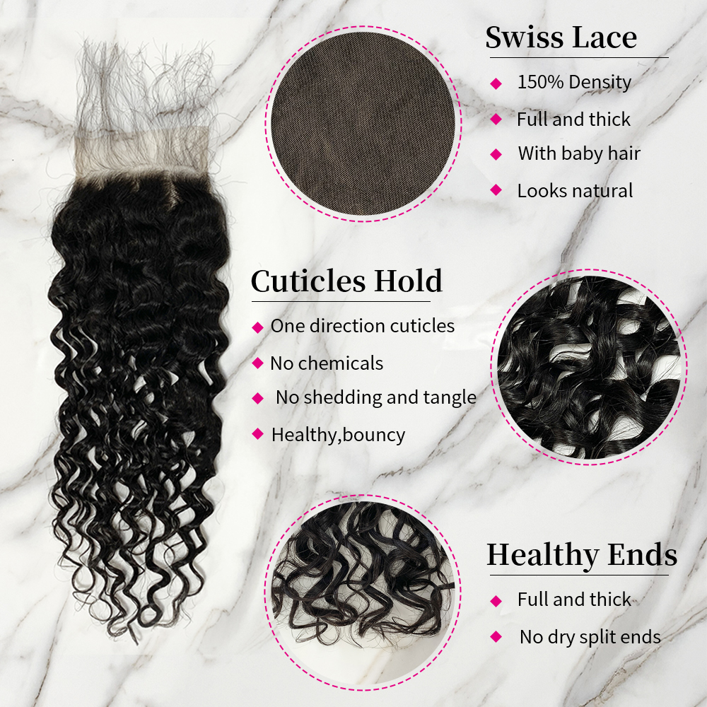 Natural Black Color Water Wave 3 Bundles with 5*5 Lace Closure
