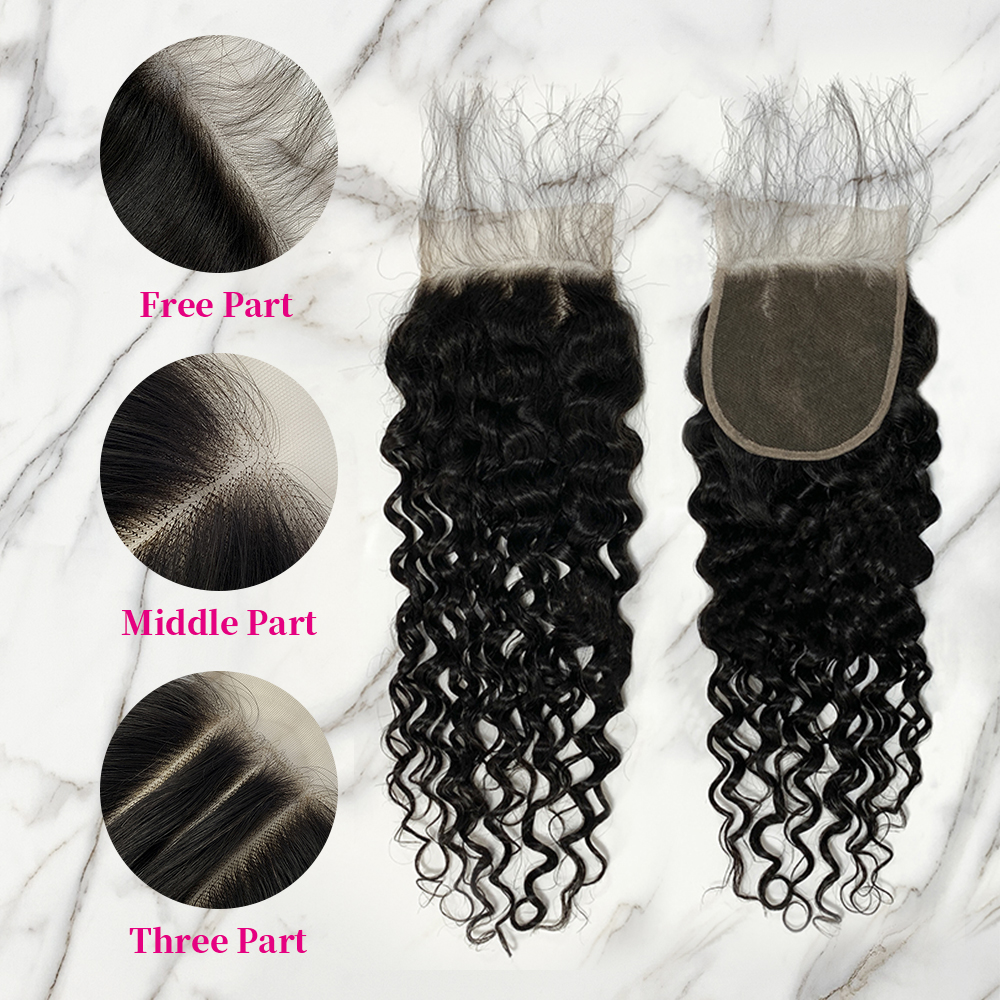 Natural Black Color Water Wave 3 Bundles with 5*5 Lace Closure