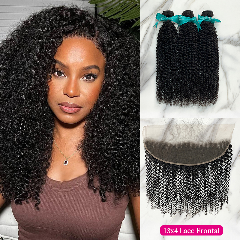 Natural Black Color Kinky Curly 3 Bundles with 13*4 Lace Frontal