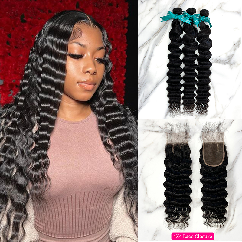 Natural Black Color Pineapple Wave 3 Bundles with 4*4 Lace Closure