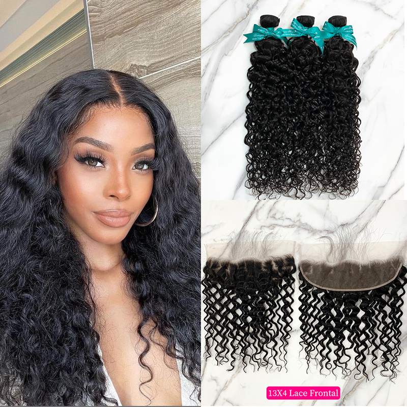 Natural Black Color Water Wave 3 Bundles with 13*4 Lace Frontal