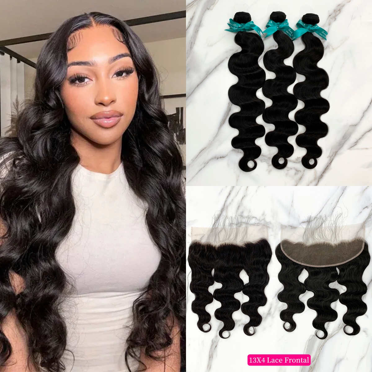 Natural Black Color Body Wave 3 Bundles with 13*4 Lace Frontal
