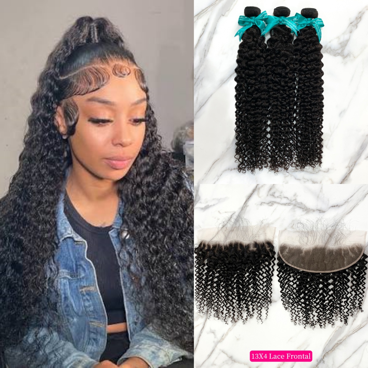 Natural Black Color Deep Curly 3 Bundles with 13*4 Lace Frontal