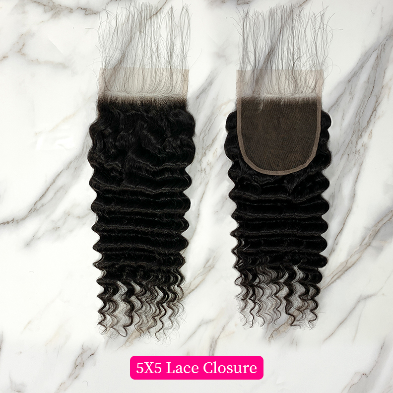 Natural Black Color Deep Wave 3 Bundles with 5*5 Lace Closure
