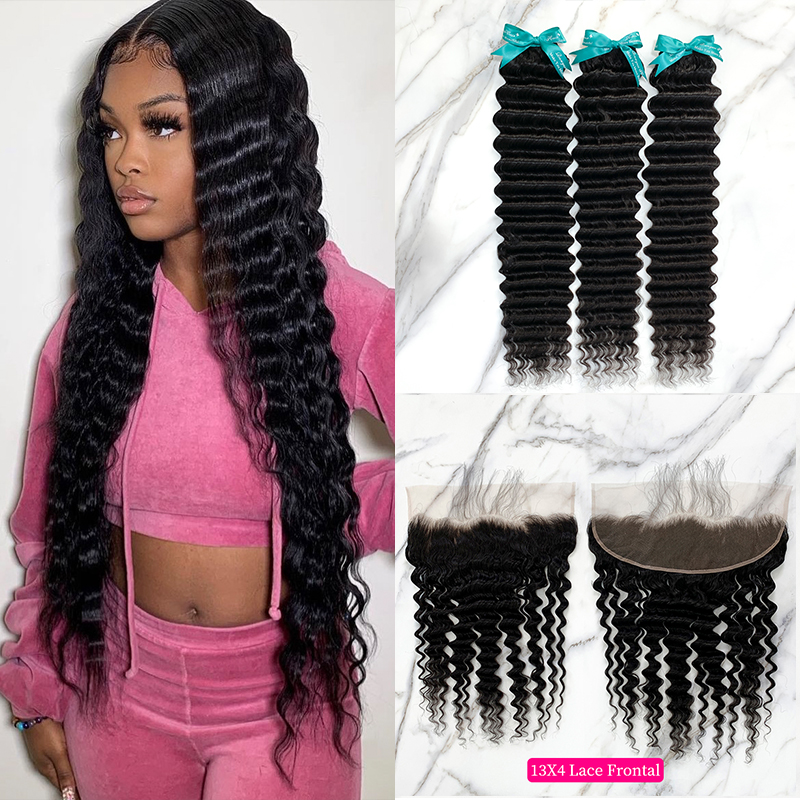 Natural Black Color Deep Wave 3 Bundles with 13*4 Lace Frontal