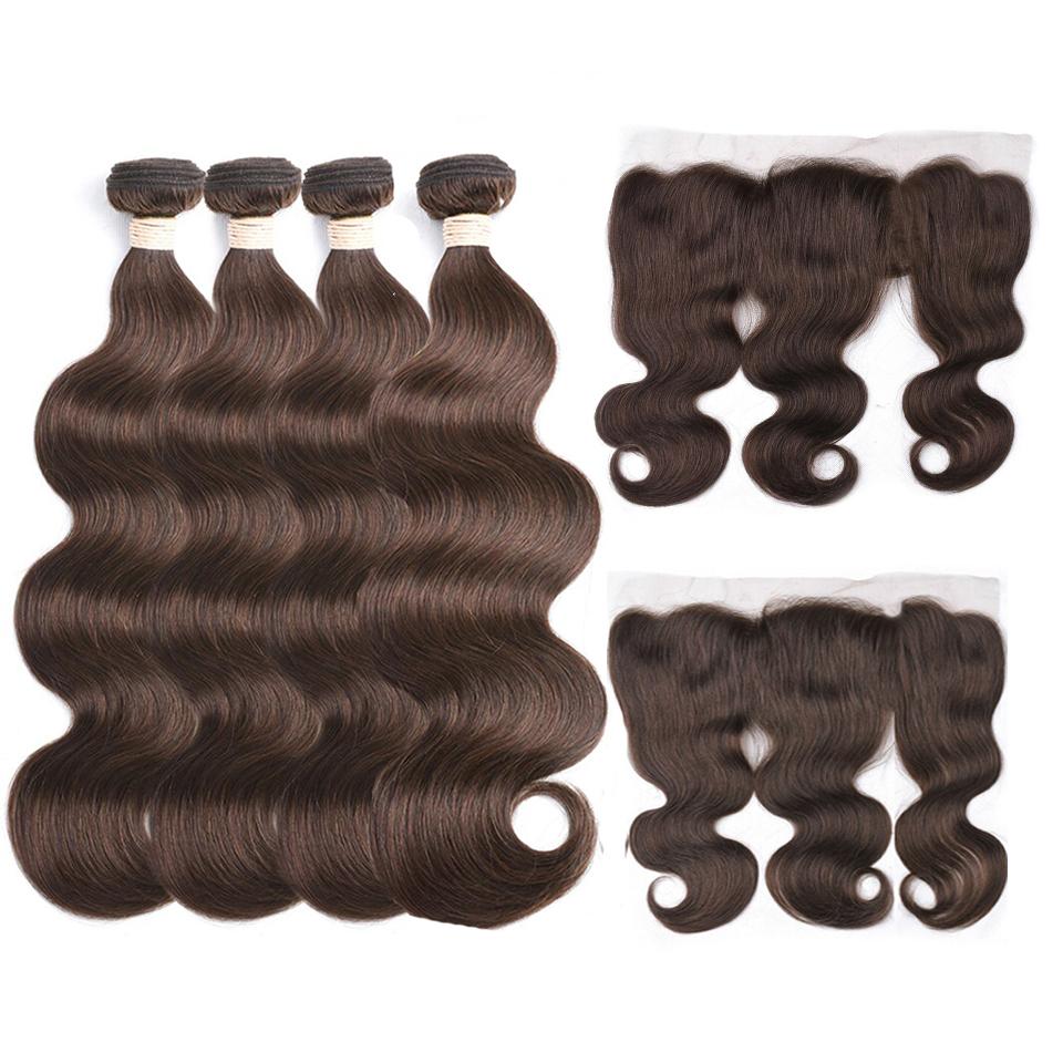 Natural #4 Color Body Wave 4 Bundles with 13*4 Lace Frontal