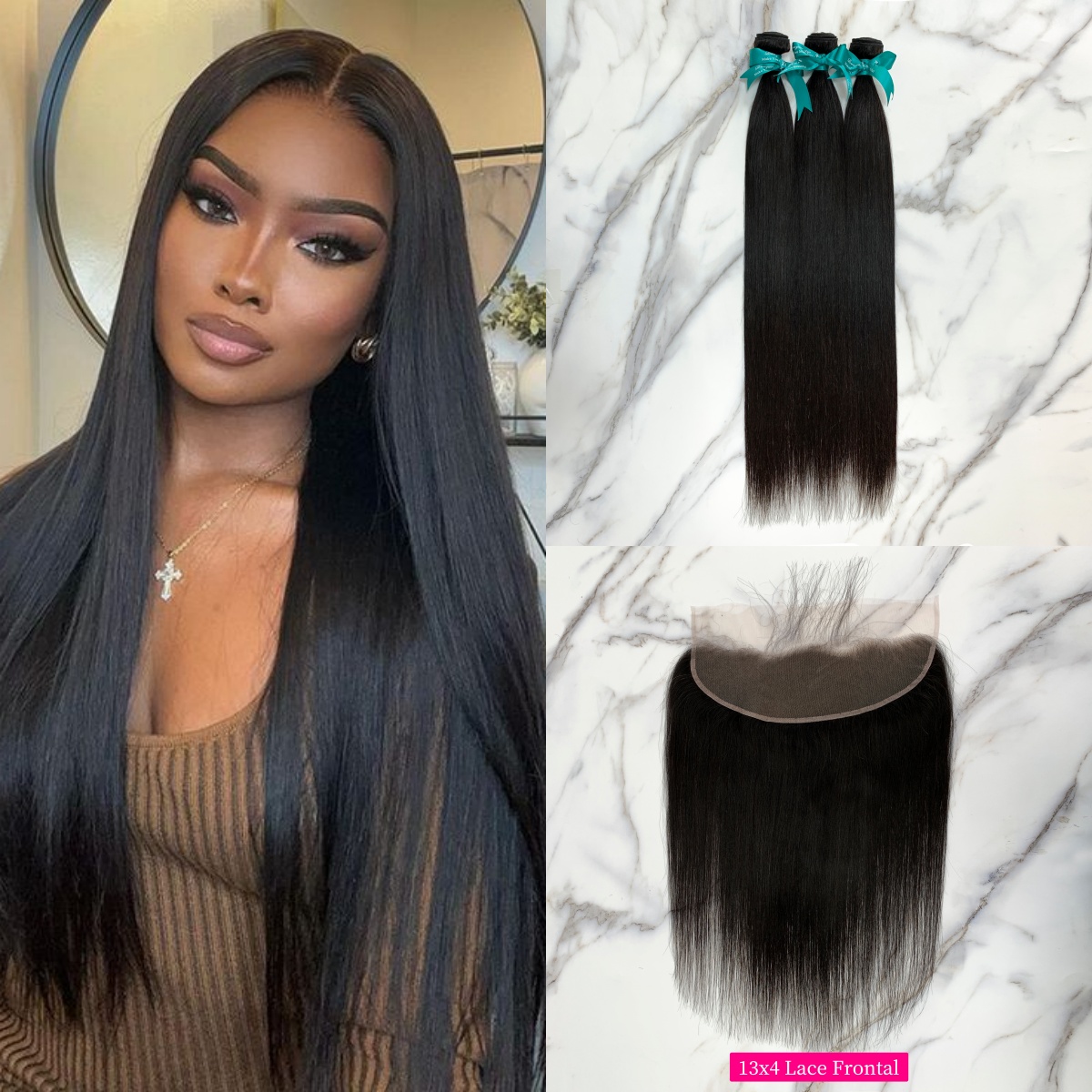 Natural Black Color Straight 3 Bundles with 13*4 Lace Frontal