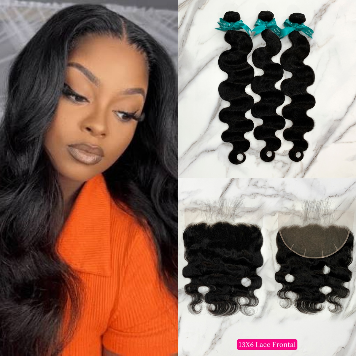 Natural Black Color Body Wave 3 Bundles with 13*6 Lace Frontal