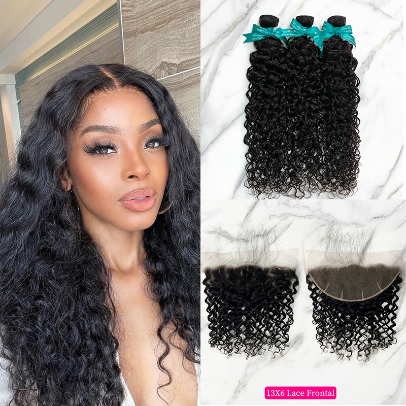 Natural Black Color Water Wave 3 Bundles with 13*6 Lace Frontal