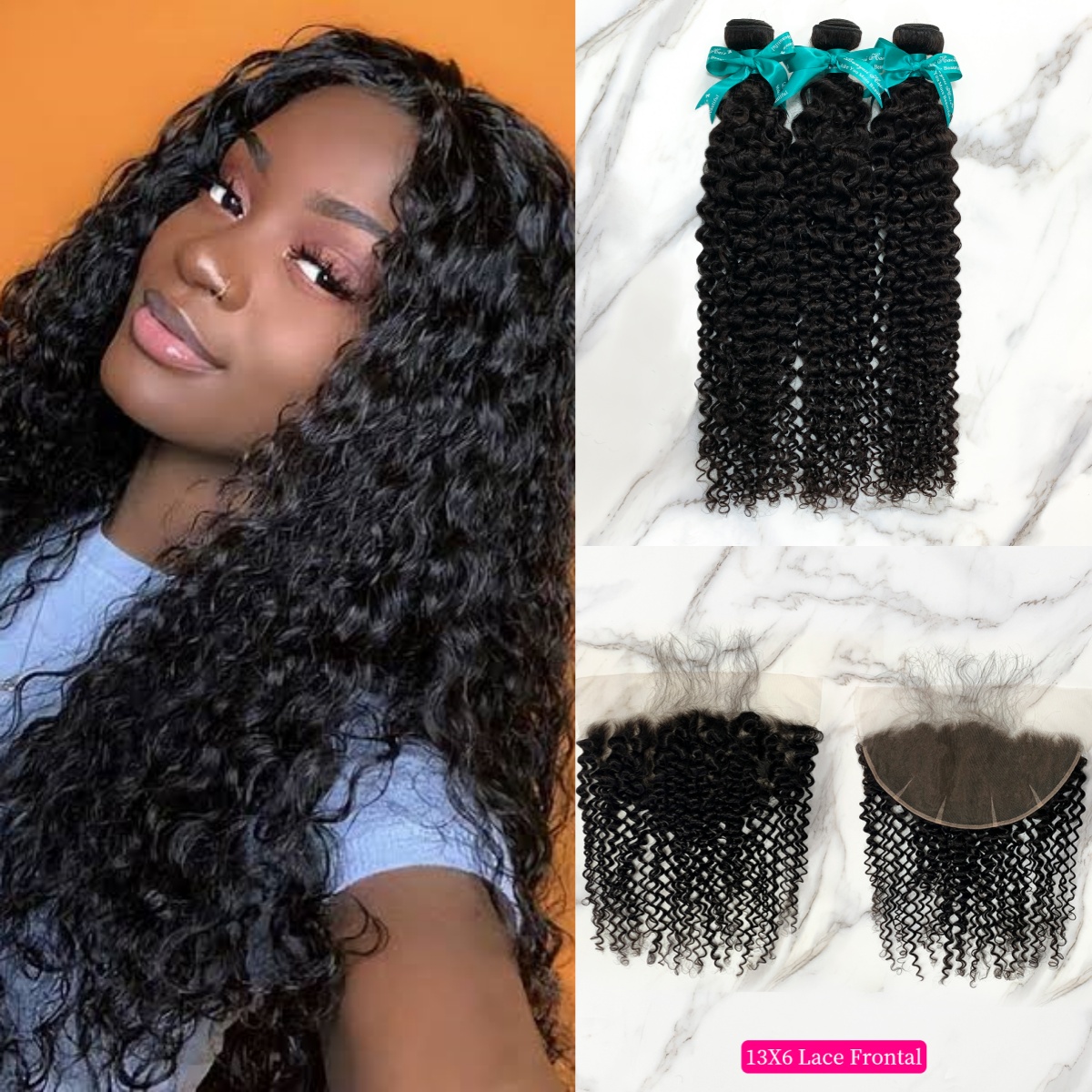 Natural Black Color Deep Curly 3 Bundles with 13*6 Lace Frontal
