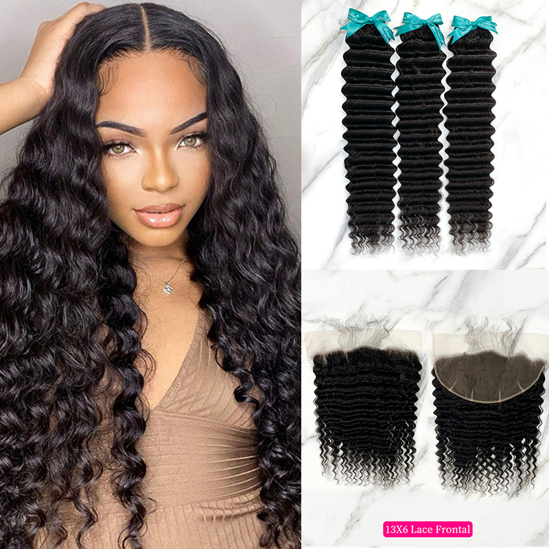 Natural Black Color Deep Wave 3 Bundles with 13*6 Lace Frontal