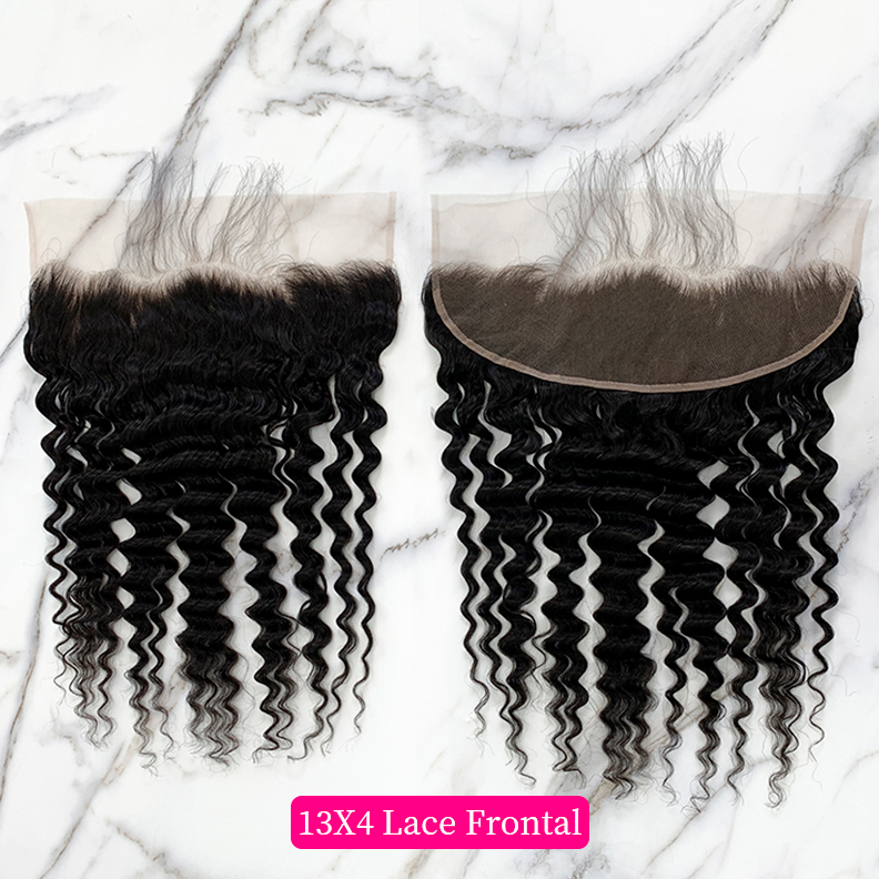 Natural Black Color Deep Wave 3 Bundles with 13*4 Lace Frontal