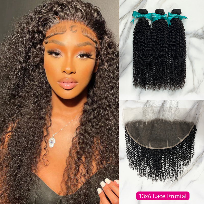 Natural Black Color Kinky Curly 3 Bundles with 13*6 Lace Frontal