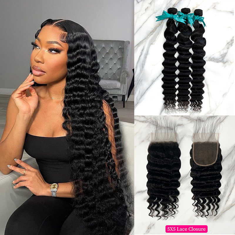 Natural Black Color Pineapple Wave 3 Bundles with 5*5 Lace Closure