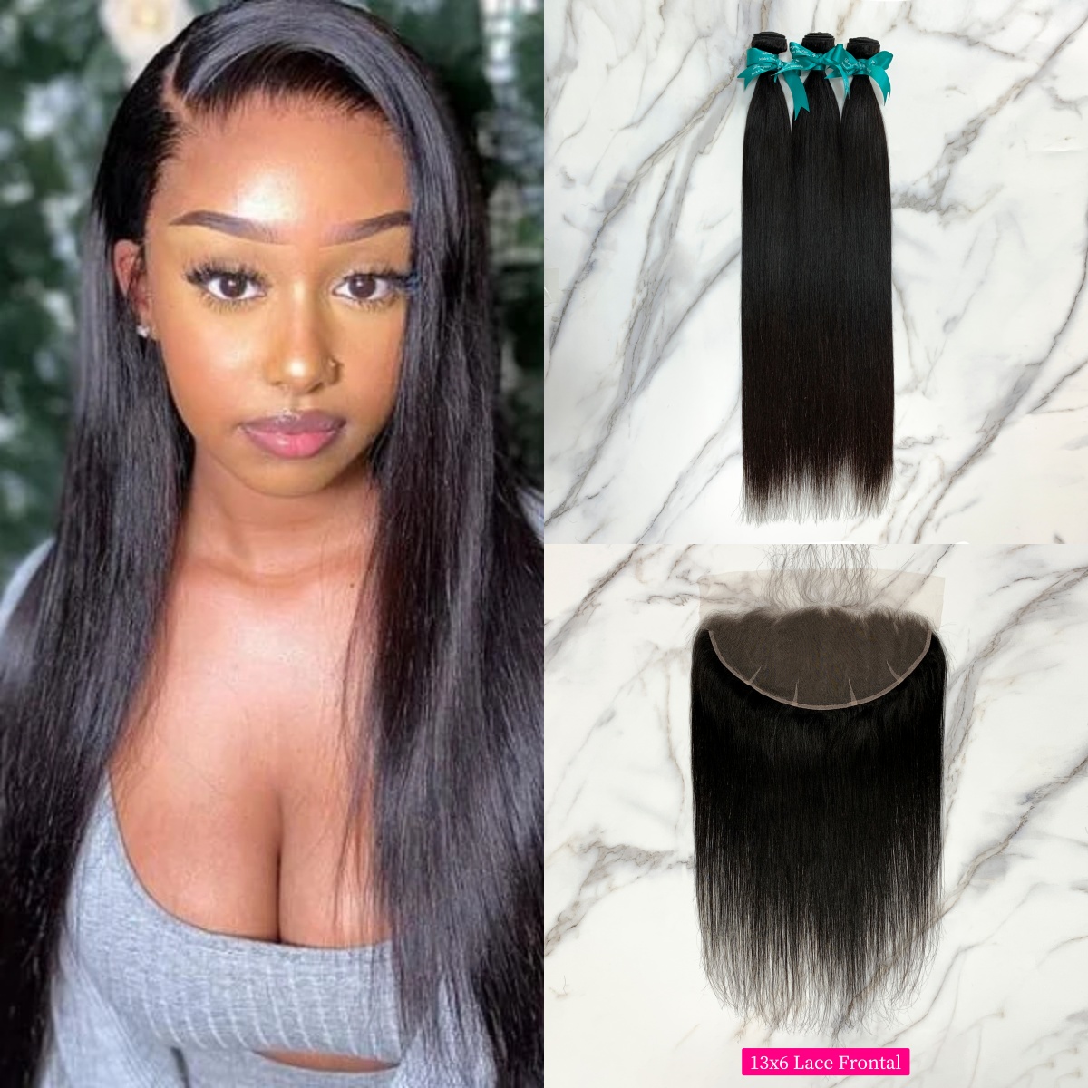 Natural Black Color Straight 3 Bundles with 13*6 Lace Frontal