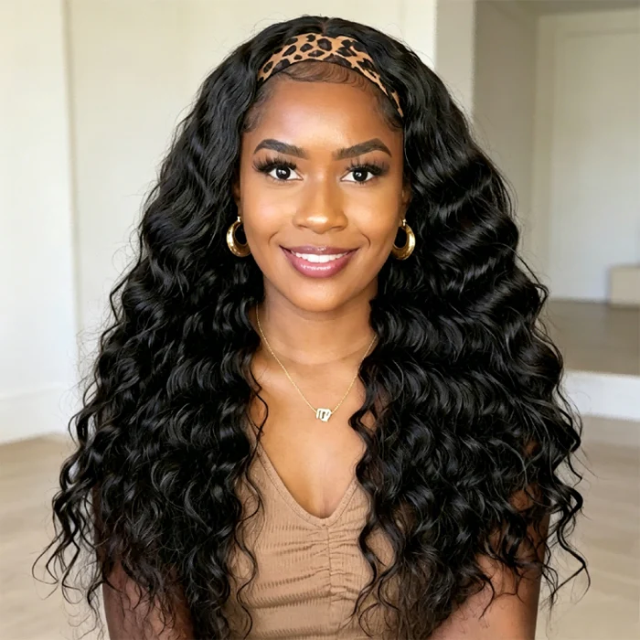 10″ – 14″ Natural Black Color Loose Wave Human Hair Headband Wig