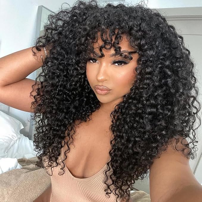 10″ – 40″ Natural Black Color Bohemian Curly Human Hair Machine Made Wig