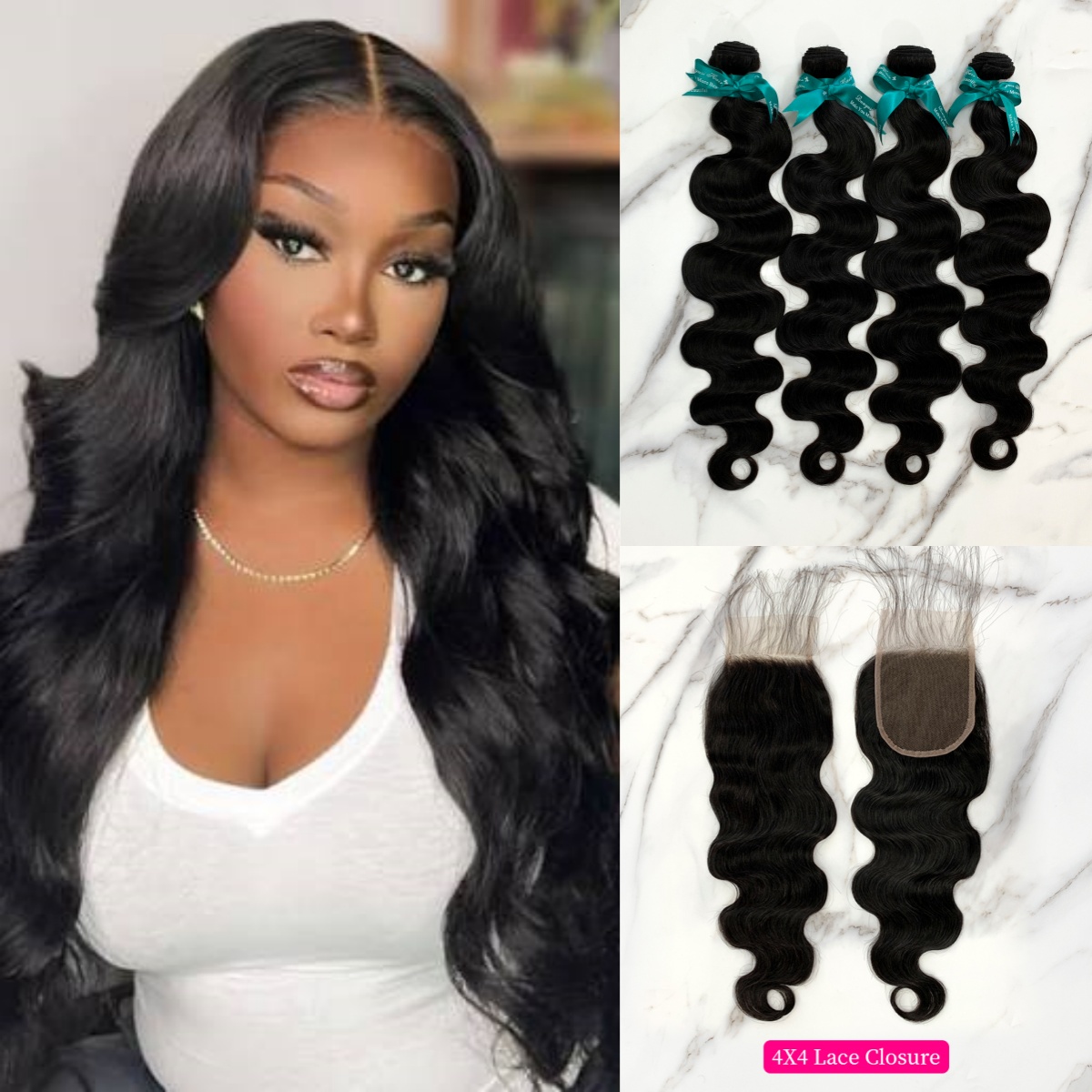 Natural Black Color Body Wave 4 Bundles with 4*4 Lace Closure