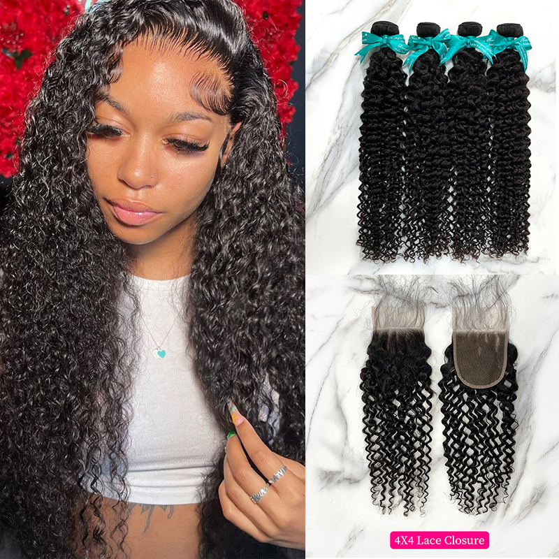 Natural Black Color Deep Curly 4 Bundles with 4*4 Lace Closure