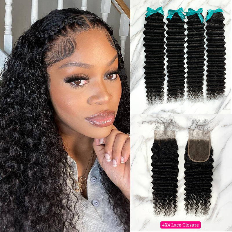 Natural Black Color Deep Wave 4 Bundles with 4*4 Lace Closure