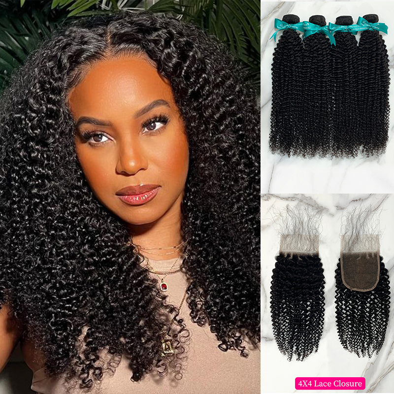 Natural Black Color Kinky Curly 4 Bundles with 4*4 Lace Closure
