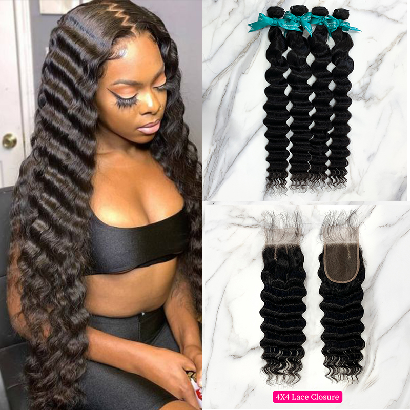 Natural Black Color Pineapple Wave 4 Bundles with 4*4 Lace Closure