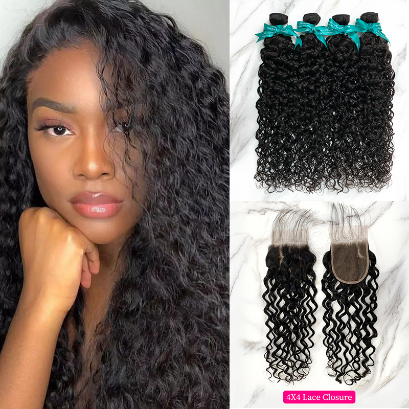 Natural Black Color Water Wave 4 Bundles with 4*4 Lace Closure