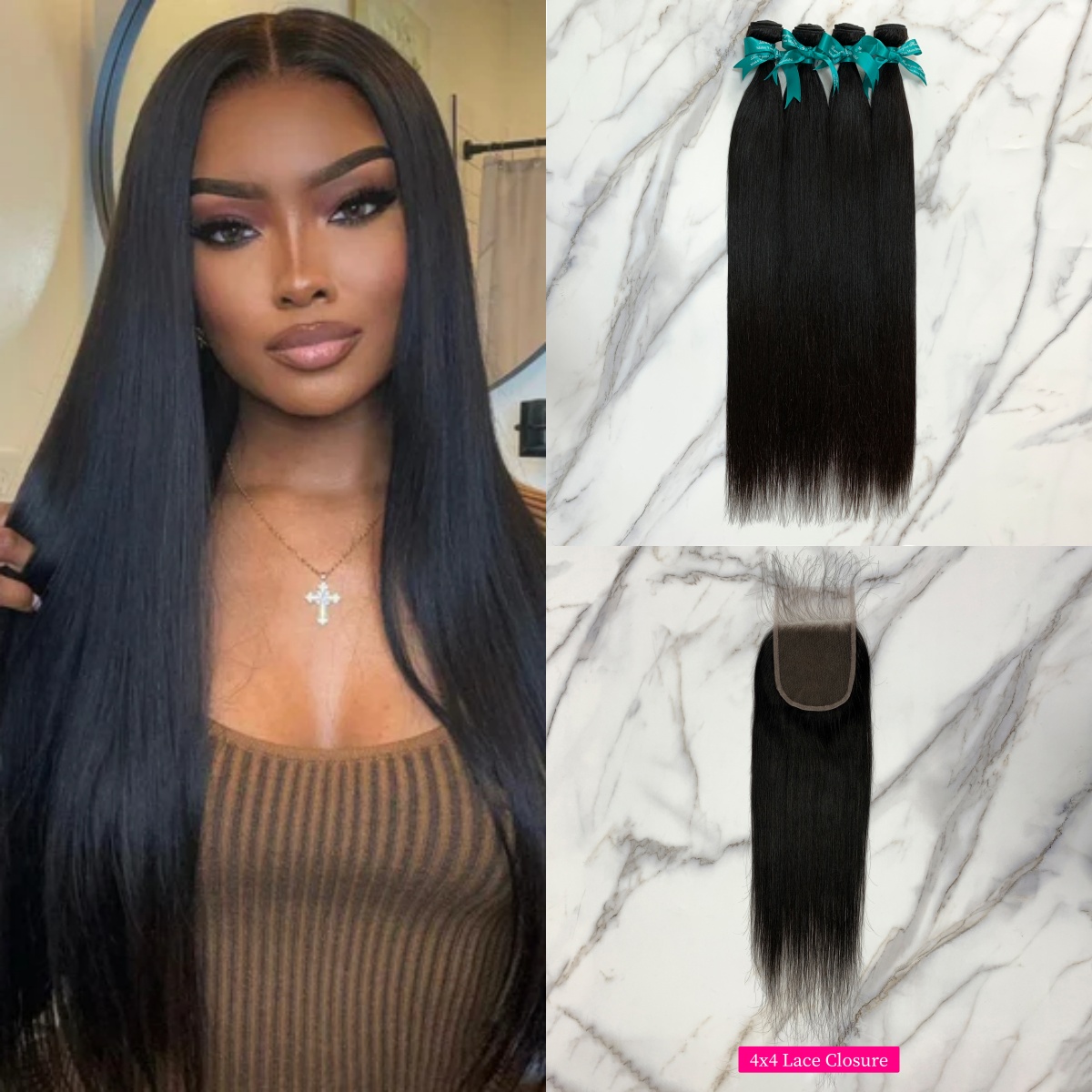 Natural Black Color Straight 4 Bundles with 4*4 Lace Closure