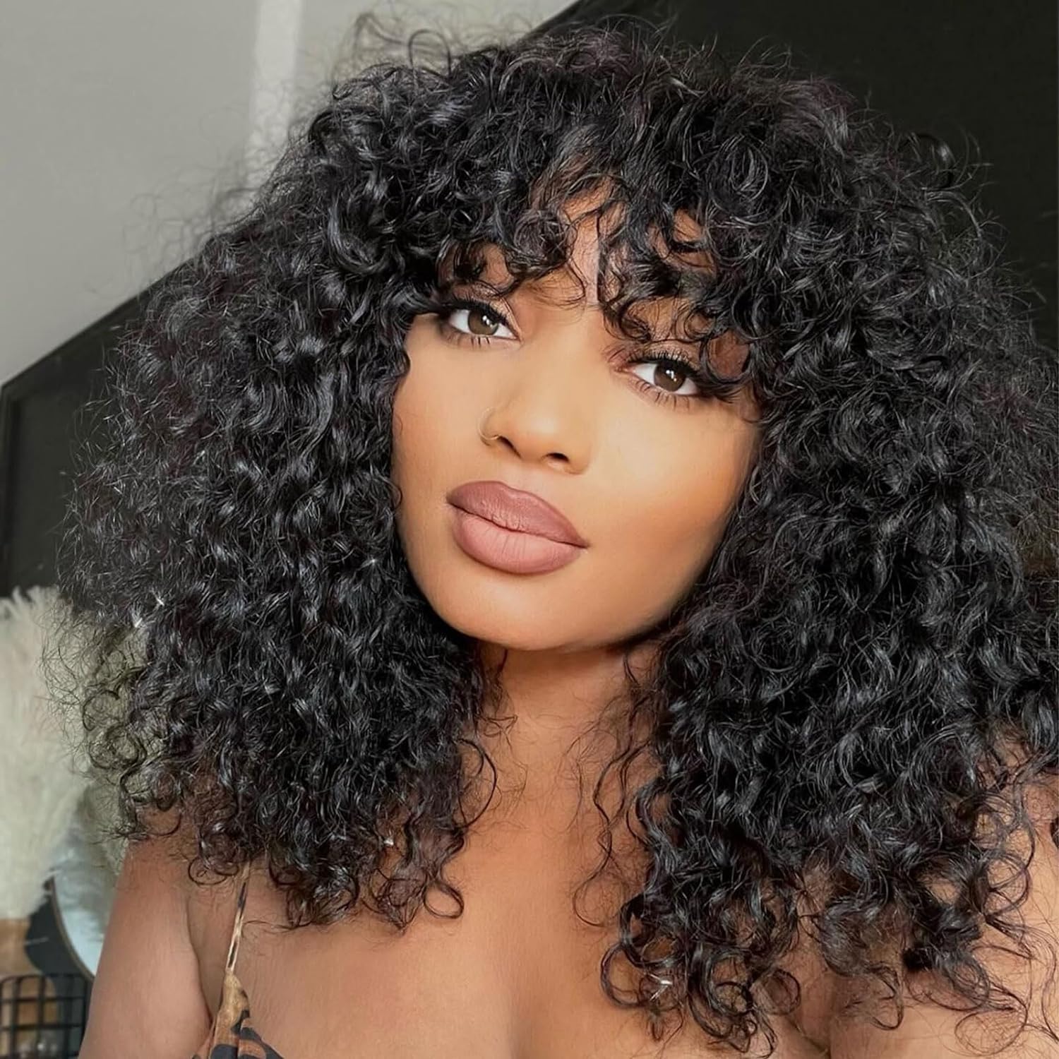 10″ – 40″ Natural Black Color Bohemian Curly Human Hair Machine Made Wig