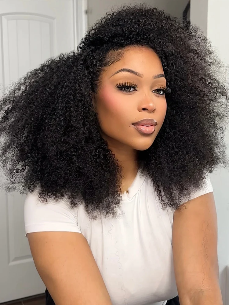 10″ – 40″ Natural Black Color Afro Kinky Curly Human Hair Drawstring Half Wig