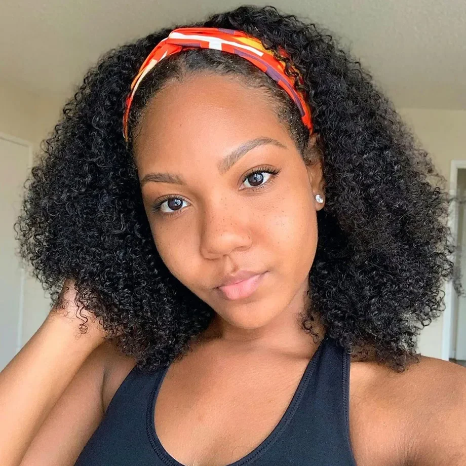 10″ – 14″ Natural Black Color Kinky Curly Human Hair Headband Wig