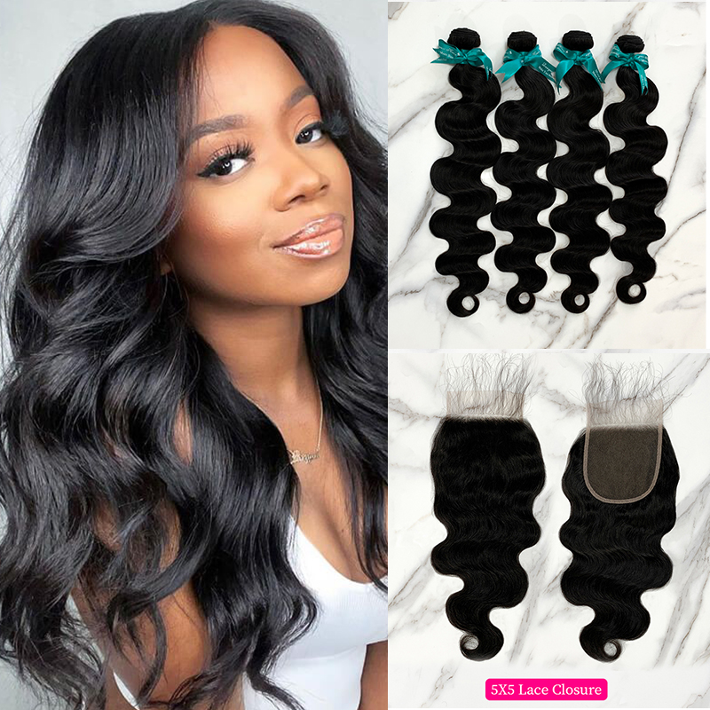 Natural Black Color Body Wave 4 Bundles with 5*5 Lace Closure