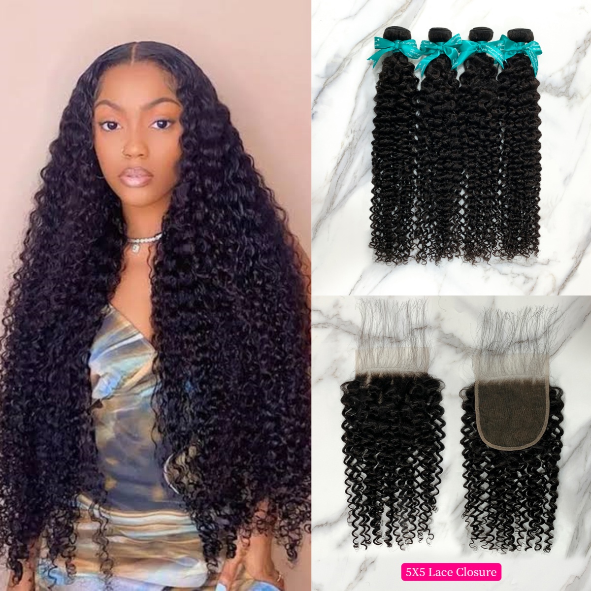 Natural Black Color Deep Curly 4 Bundles with 5*5 Lace Closure