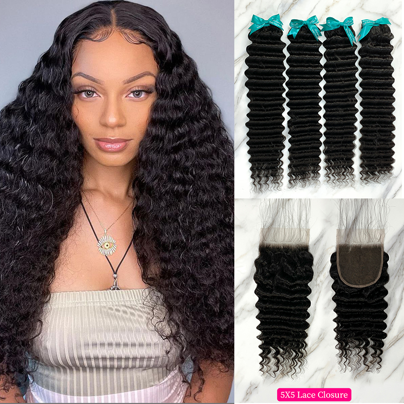 Natural Black Color Deep Wave 4 Bundles with 5*5 Lace Closure