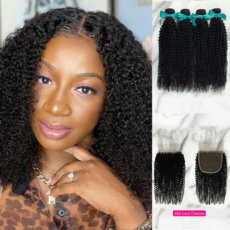 Natural Black Color Kinky Curly 4 Bundles with 5*5 Lace Closure