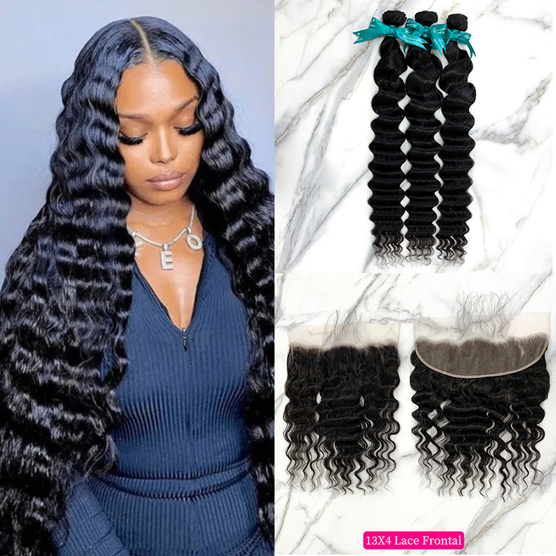 Natural Black Color Pineapple Wave 3 Bundles with 13*4 Lace Frontal
