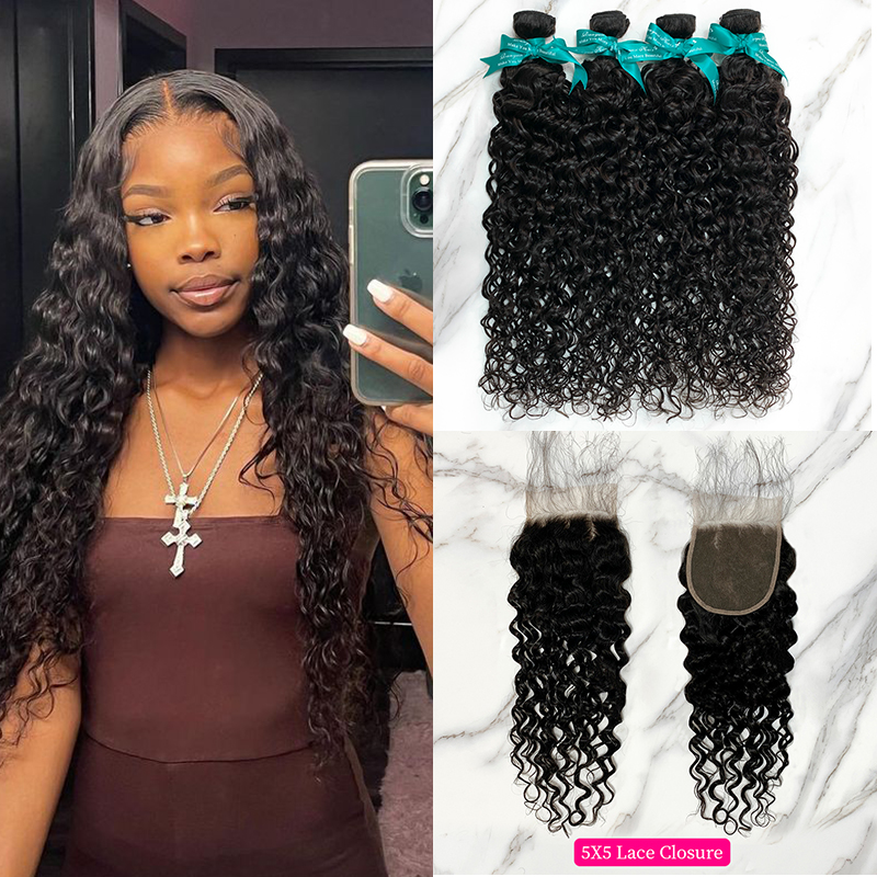 Natural Black Color Water Wave 4 Bundles with 5*5 Lace Closure