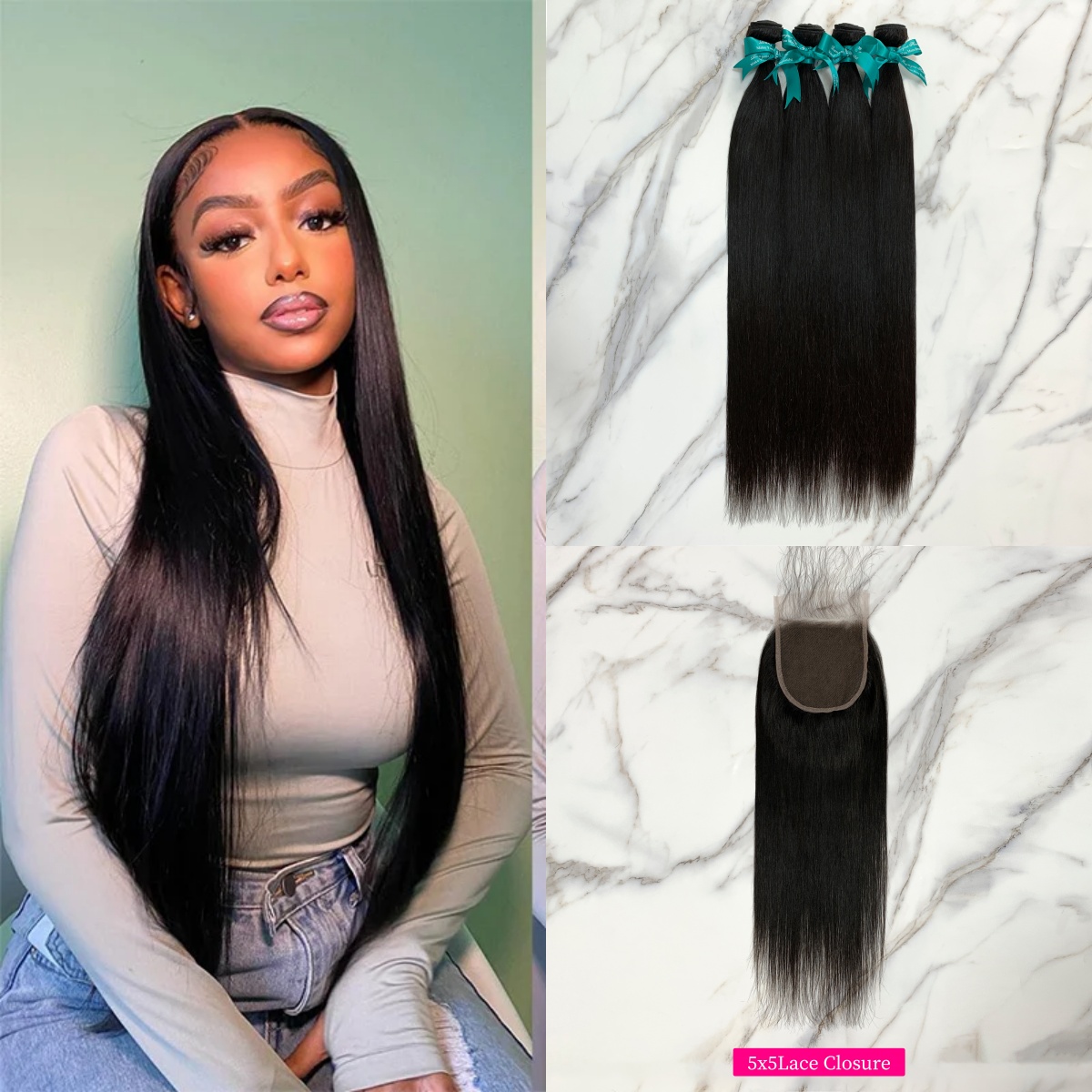 Natural Black Color Straight 4 Bundles with 5*5 Lace Closure